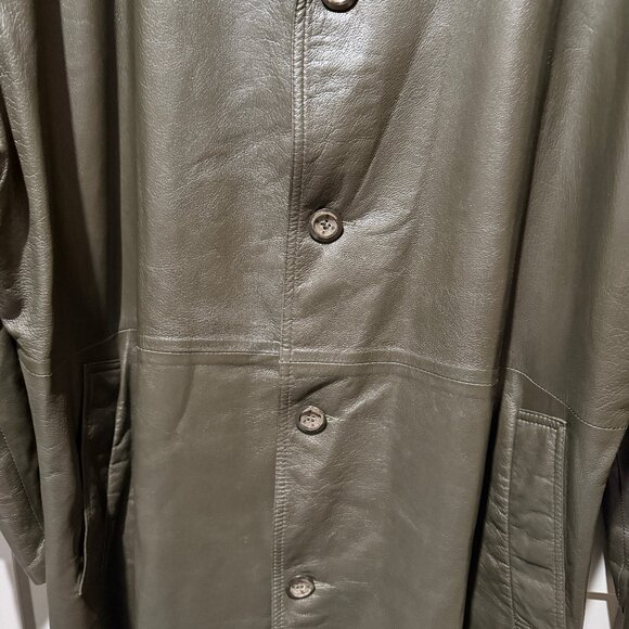 Men's Leather Trench Coat - Olive Green - Picture 6 of 14